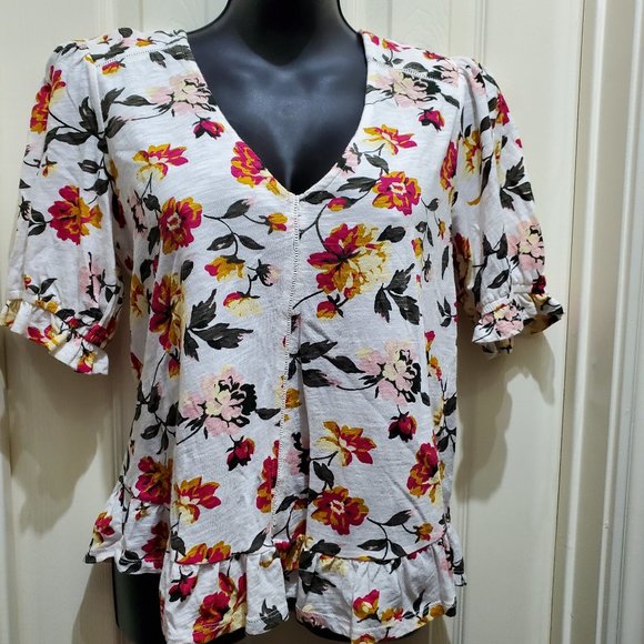 LUCKY BRAND Floral Boho Short Sleeve v-Neck Ruffled Blouse, Small - Picture 1 of 7